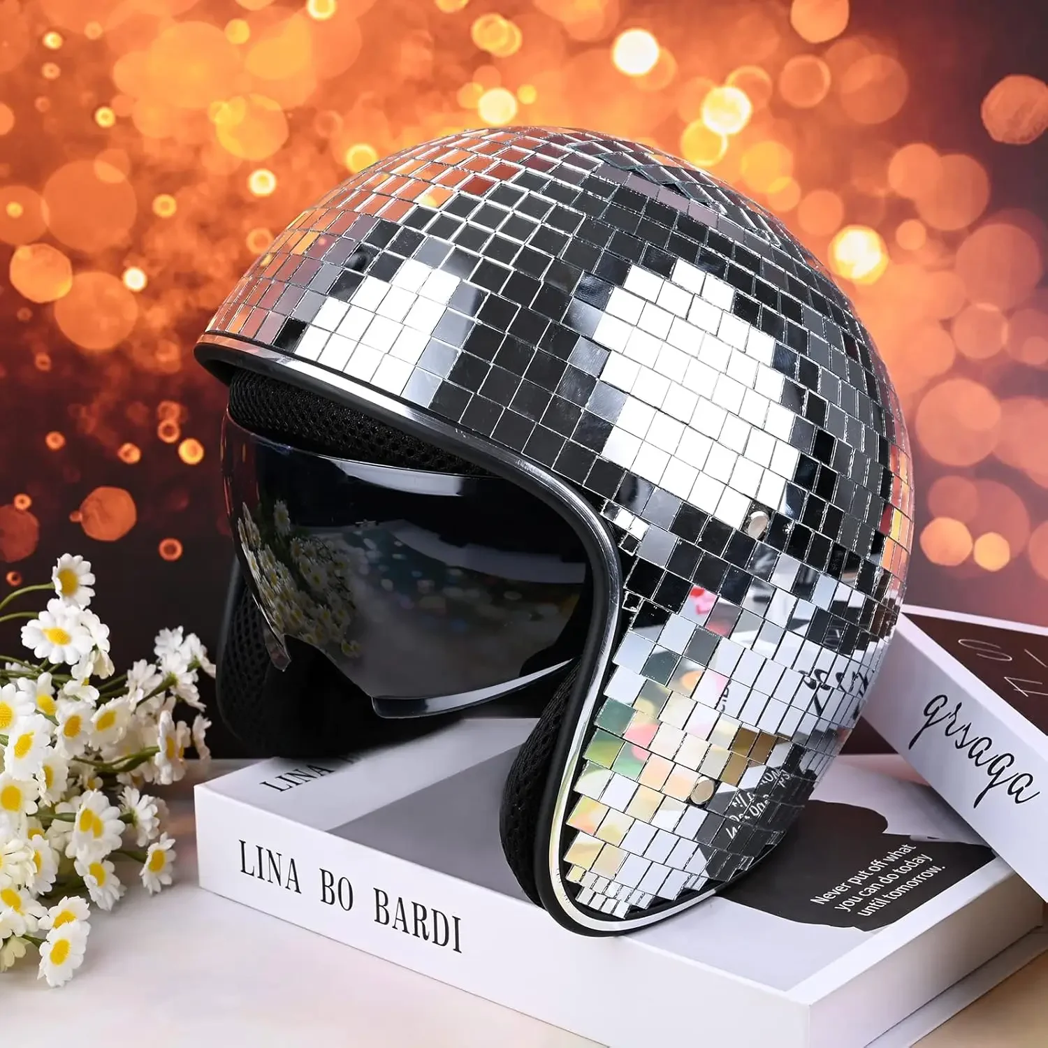 Disco Helmet with Retractable Visor Glitter Mirror Glass Punk Costume Hat for Bar DJ Club Party