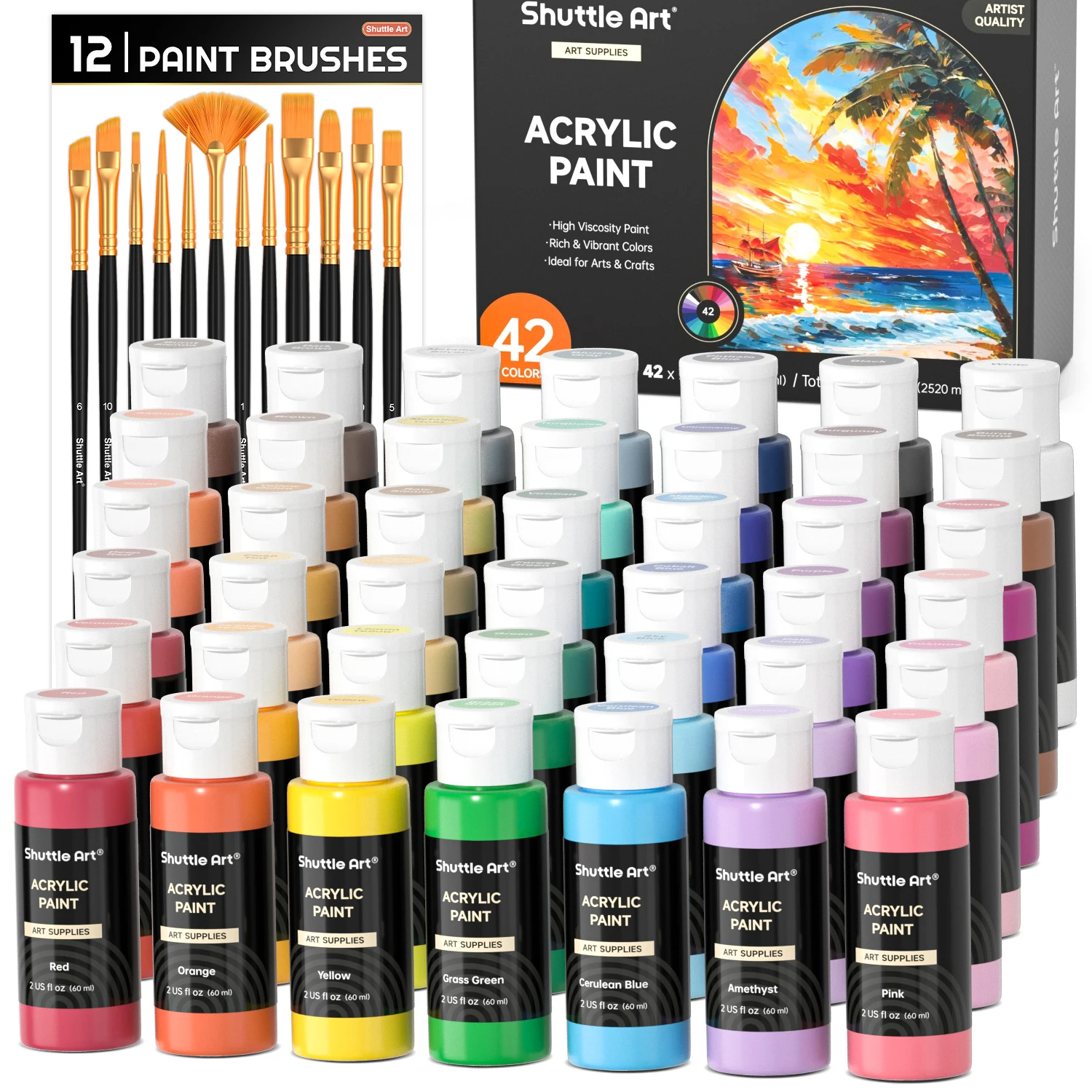 Shuttle Art Acrylic Paint, 42 Colors Acrylic Paint Set with 12 Paint Brushes, 2oz/60ml Bottles, Rich Pigmented, Water Proof, Premium Paints for Artists, Beginners and Kids on Canvas Rocks Wood Ceramic