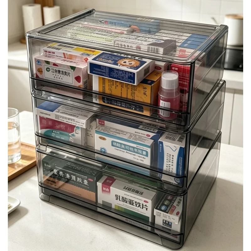 Stackable Acrylic Medicine Storage Box Gray Pull‑out Drawer Design Large‑Capacity Household Pill Sorting Storage Organizer