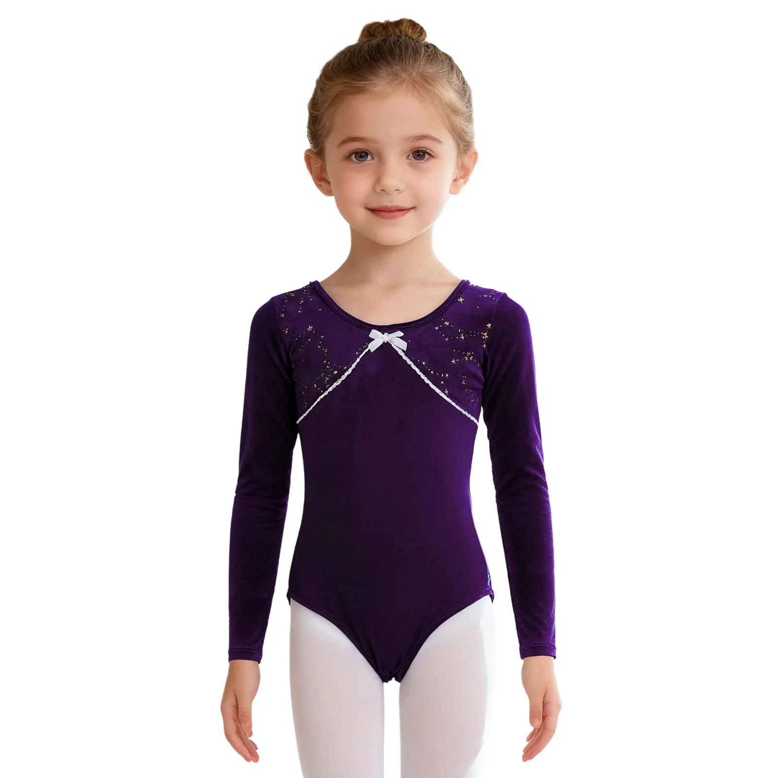 Kids Girls Lace Trim Rhythmic Gymnastics Bodysuit Velvet Ballet Leotard Children Figure Skating Costume Long Sleeve Bodysuits