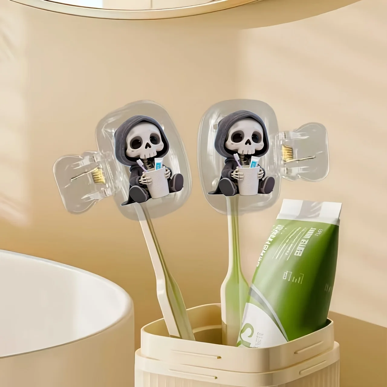 2pcs Q-Version Skeleton Grim Reaper in Black Robe Holding a Mouthwash Cup Toothbrush Holder Ideal Holiday Gift Birthday Gift