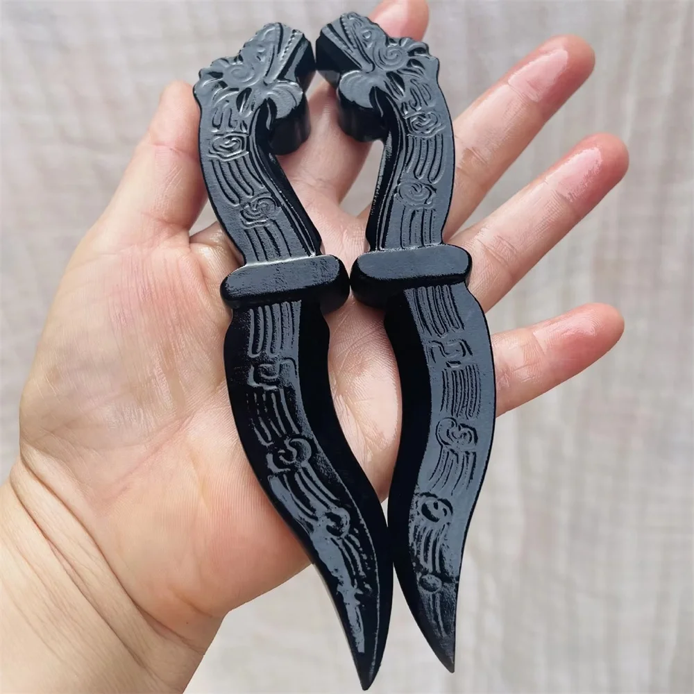 Natural obsidian frosted hollow head dagger crystal handmade carving knife craft men's gift magic talisman sword witch supplies