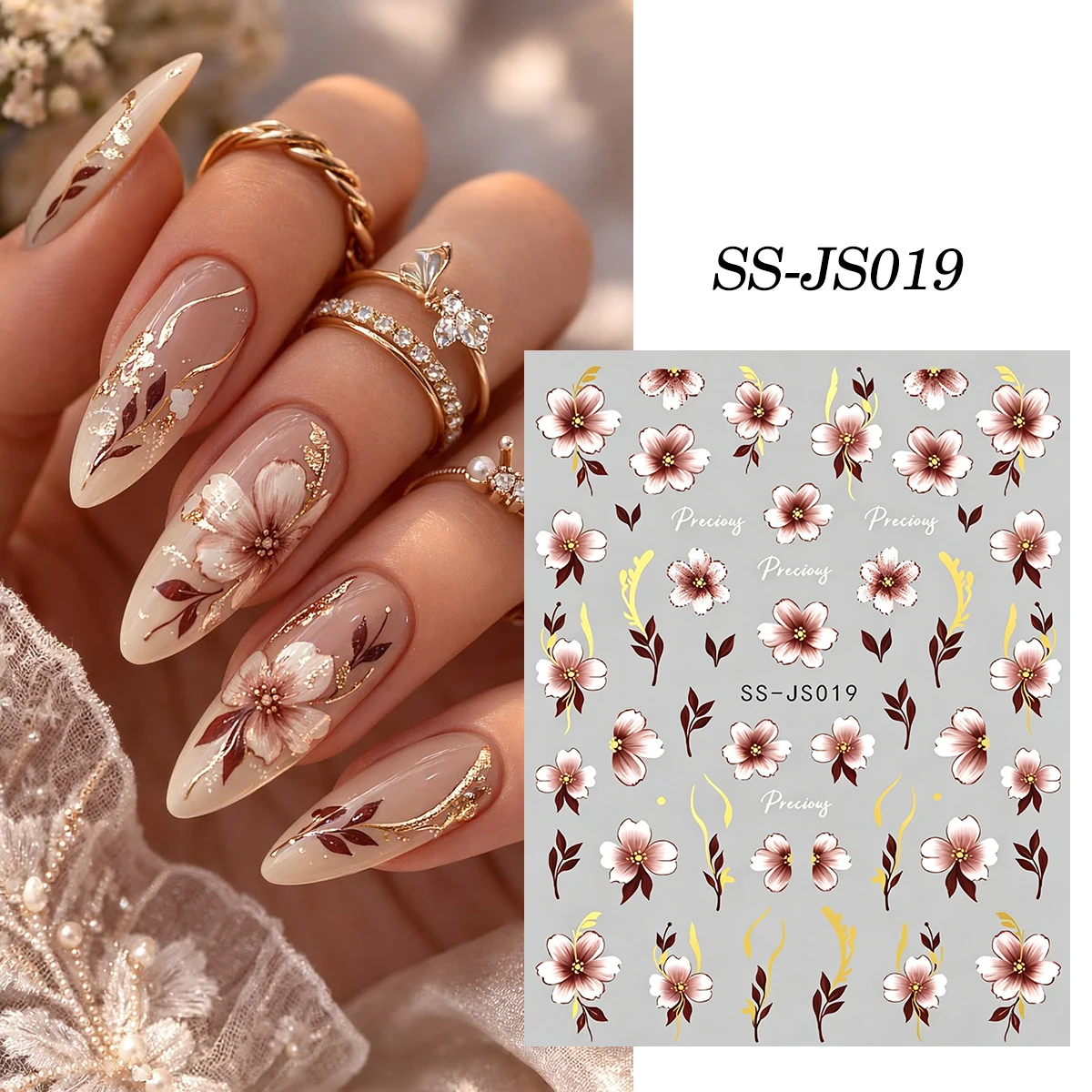 5pcs Gold Autumn Flower Nail Stickers Golden Maple Leaf Fall Coffee Bean Hibiscus Leopard Nail Decals, Luxury DIY Nail Art Decor