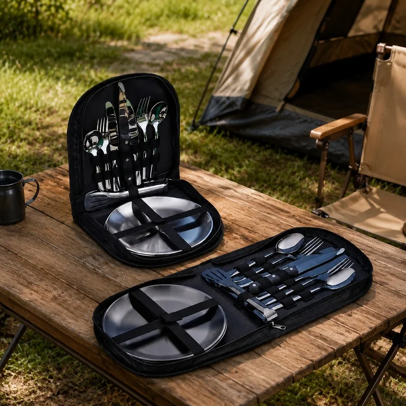 Camping and Travel Dinnerware Set for Two with Plates and Cutlery Including Fork, Knife, and Spoon