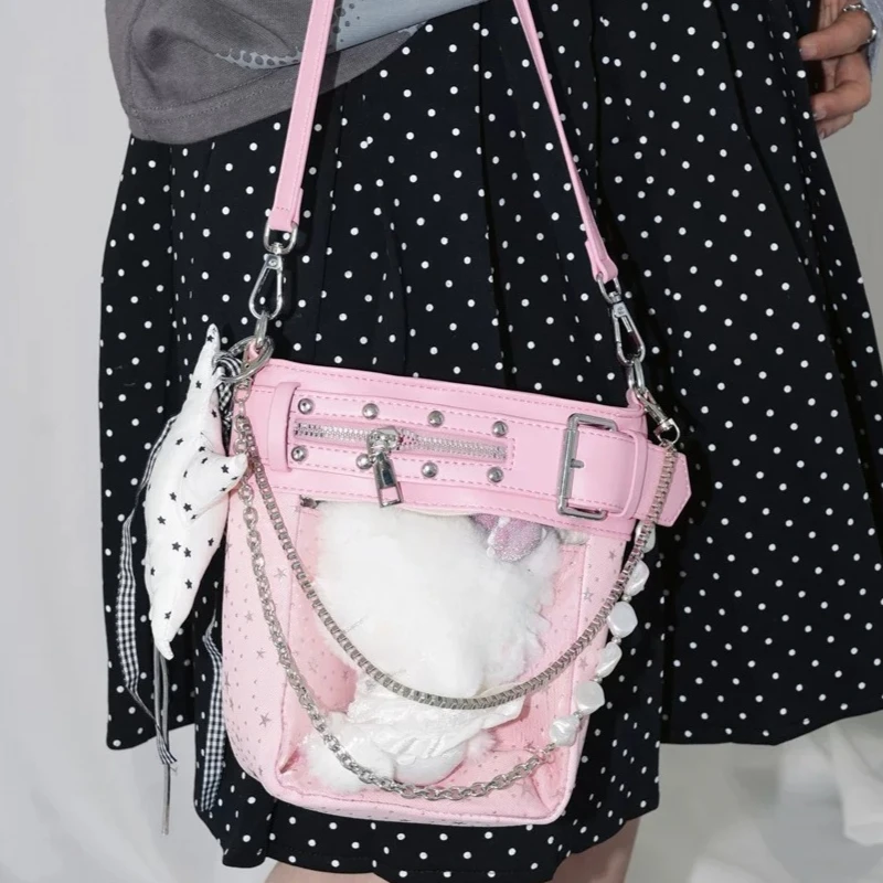 Y2K Harajuku Ita Bag Transparent Window Bucket  Anime Display Crossbody Bag Girl Jirai Kei Punk Rivet Star Pendant Shoulder Bags