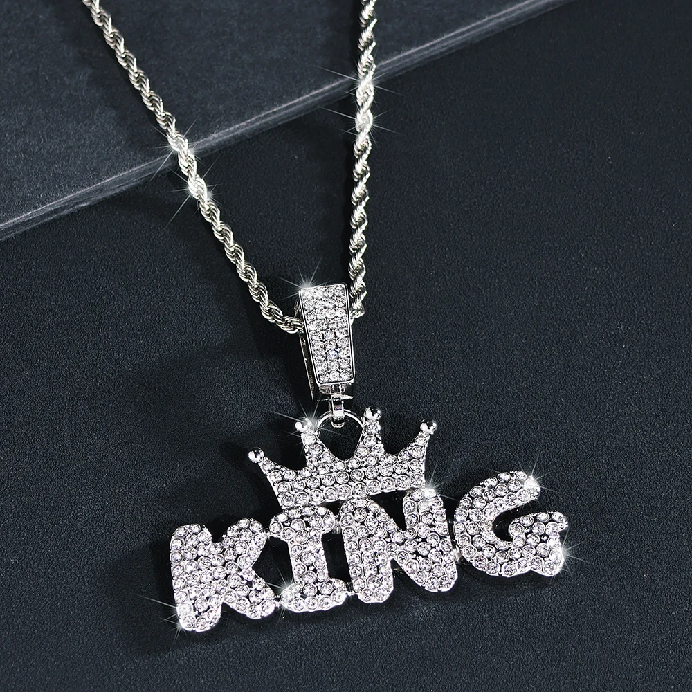 Fashion Hip Hop Crown with KING Pendant Necklace For Men Crystal Cuban Chain Iced Out Bling Hiphop Necklaces Rock Biker Jewelry