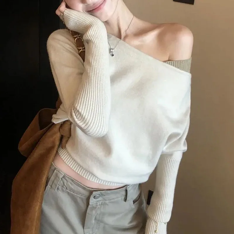 

Fashion Long Sleeve White Knitted Sweater Women Pullovers Skew Collar Knit Sweater Pullover Women Tops Sueters De Mujer Q1416