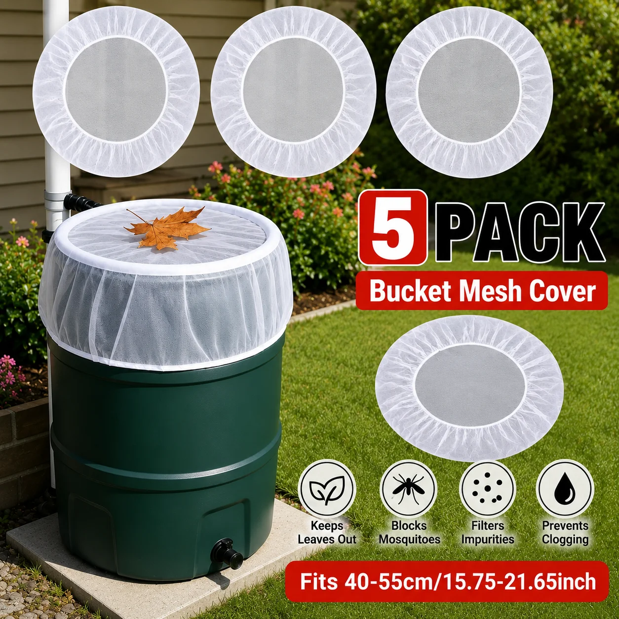 Paquete de 5 cubiertas de malla para barriles de lluvia, pantallas de filtro para tanques de agua, aptas para tanques de 40-55 cm de diámetro, protección de malla fina contra hojas