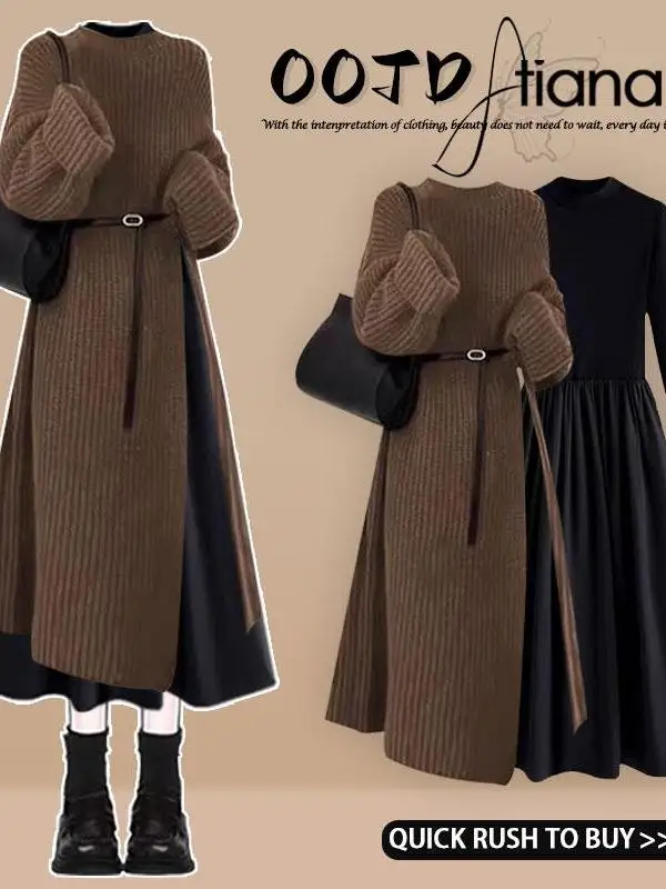 

Ladies' Knitted Slim Fit Sweater Dress Two-Piece Set Long Style Casual Wear Autumn Winter Fashion Trendy Versatile Comfortable