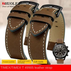 20mm Matte leather watch strap for Timex T49905 T49963 series breathable frosted cowhide bracelet black brown chain Watchband