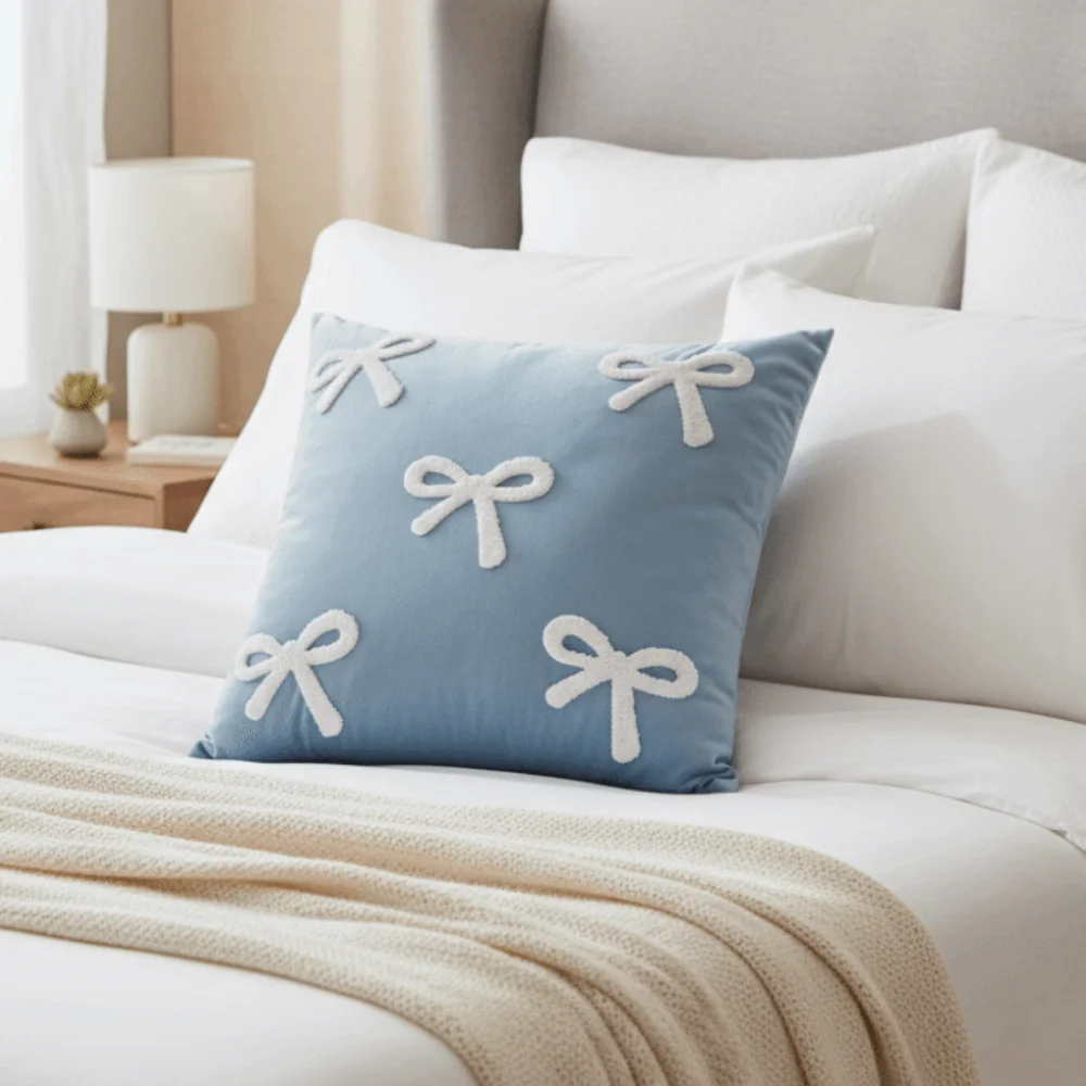 

Милая бархатная наволочка для диванной подушки, мягкая роскошная наволочка с бантом и вышивкой, декоративная наволочка для гостиной