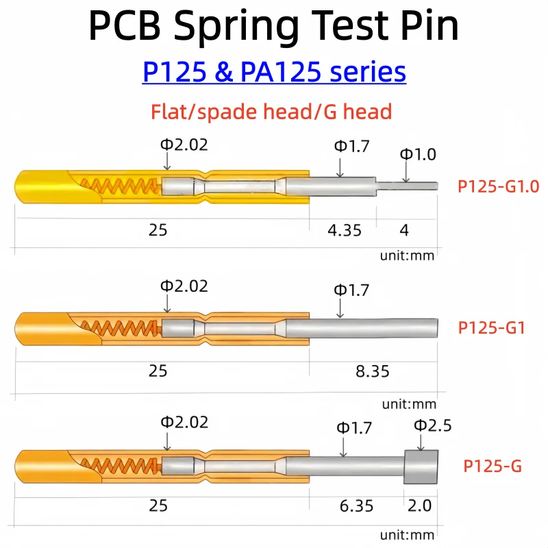 Flat/spade Head Tip P125-G Nickel Plated Brass Spring Test Probe Test Pin Pogo Pin Electric Needle PCB Test Tool 33.35mm 2.02mm