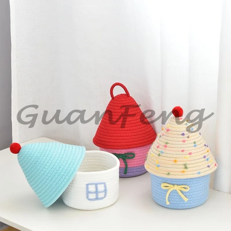 

Cute Cartoon Fabric Storage Basket Large Capacity Woven Basket with Lid House Shaped Home Organization Tool Desktop Decor
