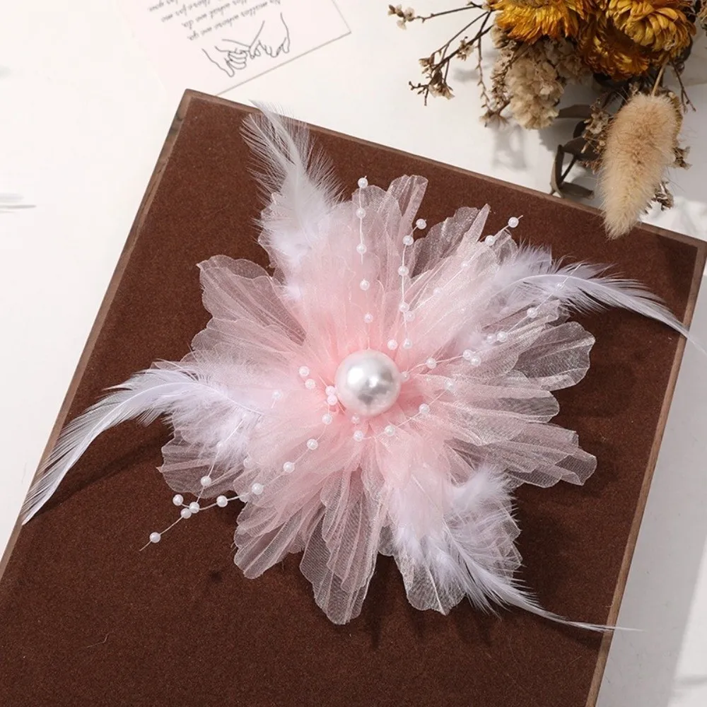 Pearl Embellishment Organza Flower Hair Clip Multi Use Design Feather Decor Pearl Feather Hair Accessory Romantic Style