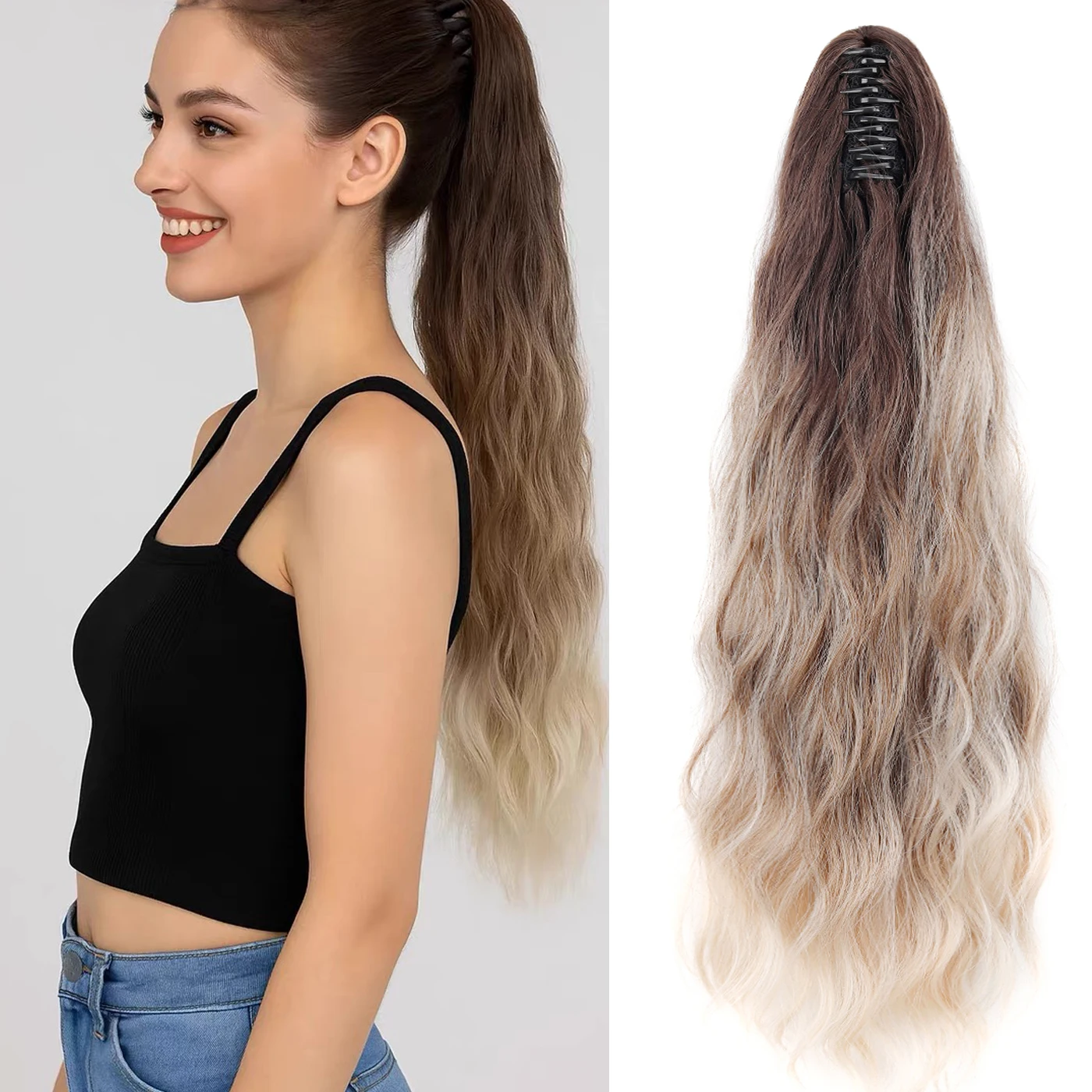 

Synthetic Claw Clip in Ponytail 30inch Long Curly Blonde Brown Heat Resistant Fake Pony Tail Hairpiece Horse Tail Hair Extension