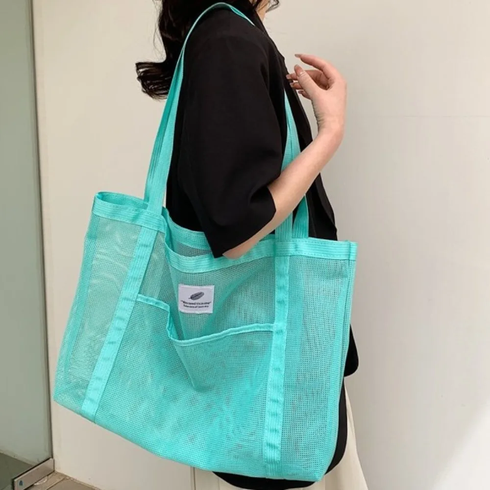 Portable Transparent Mesh Shoulder Bag Quick Dry Mesh Net Travel Beach Bag Casual Shopping Swimming Shower Bags for Women