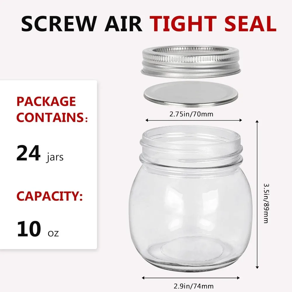 24 Pack 10oz Glass Mason Jars with Lids for Canning, Storage, and Party Favors