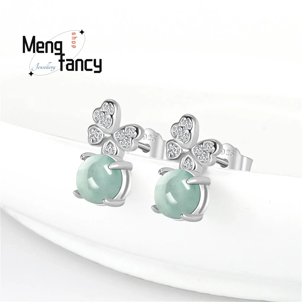 

S925 Silver Inlaid Genuine Natural A-goods Jadeite Blue Water Egg Surface Butterfly Earrings Simple Elegant Fashion Fine Jewelry