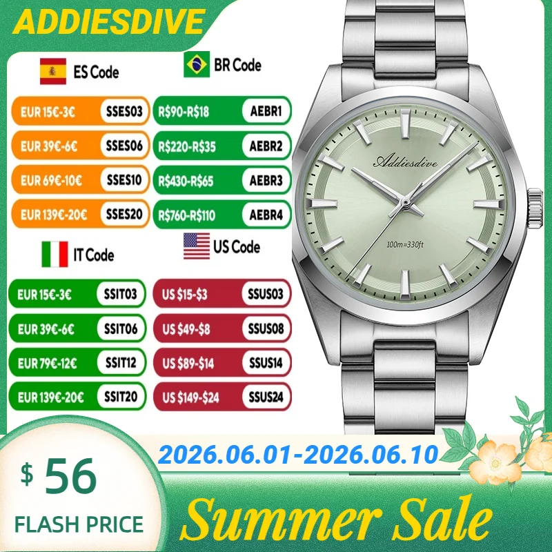 ADDIESDIVE 36MM Japan VH31 BGW9 Super Luminous Minimalist Luxury Watches Bubble Mirror Glass 316L Stainless Steel Wristwatches