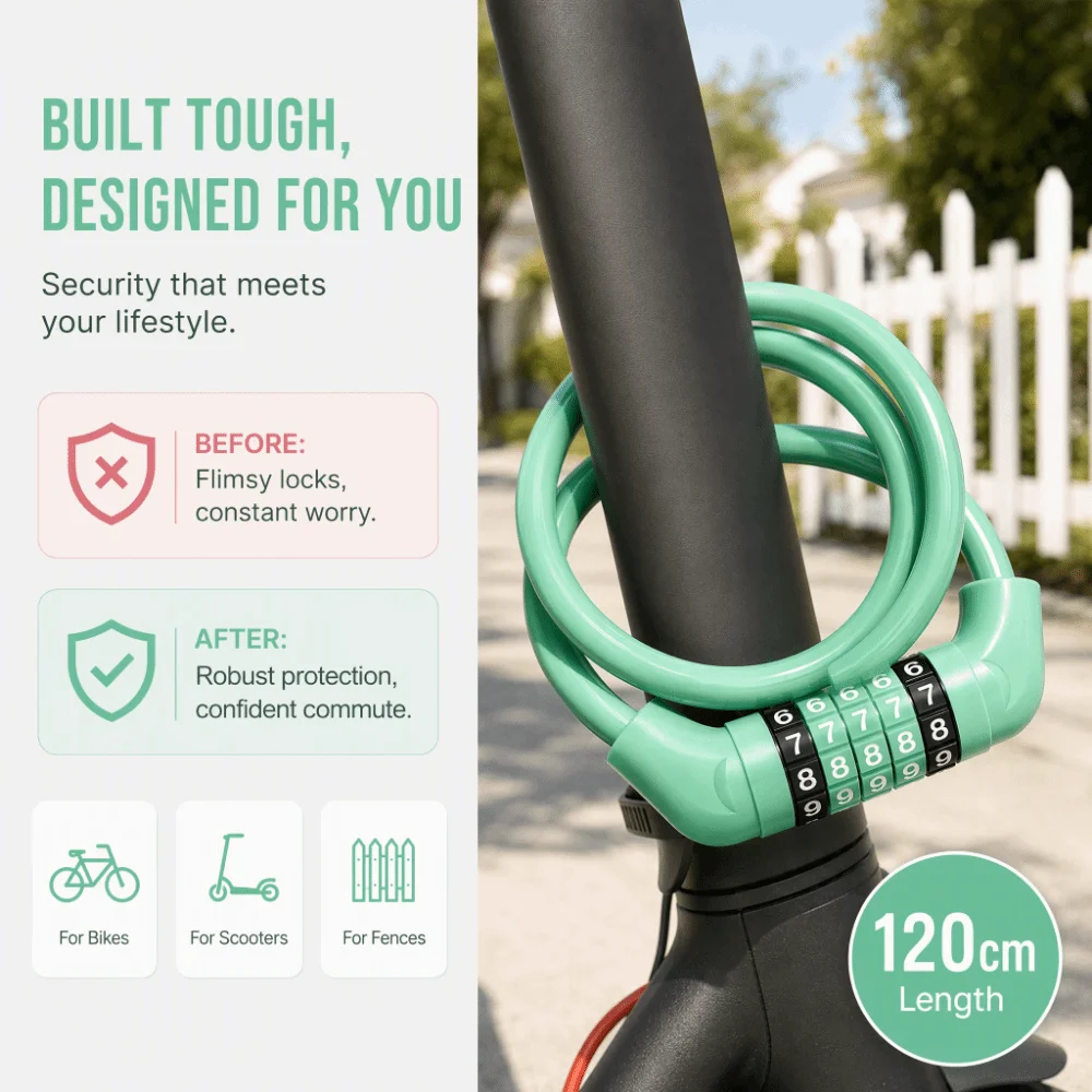 Sturdy Steel Cable Combination Bike Lock Wear-Resistant Durable PVC Outer Layer Bicycle Security Lock Lightweight Compact