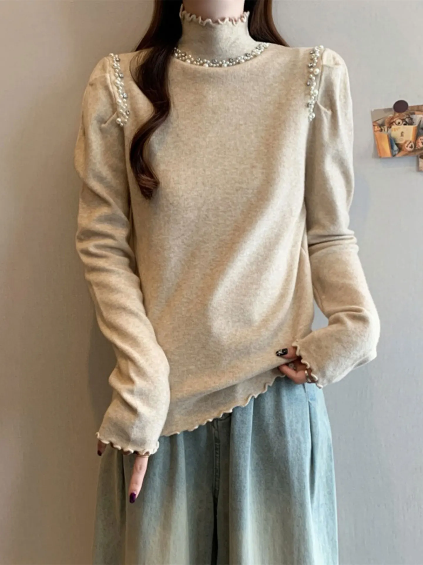 

Повседневный вязаный топ с длинным рукавом для женщин больших размеров, базовая кофта с жемчужным декором и деревянными элементами, осенне-зимний свитер