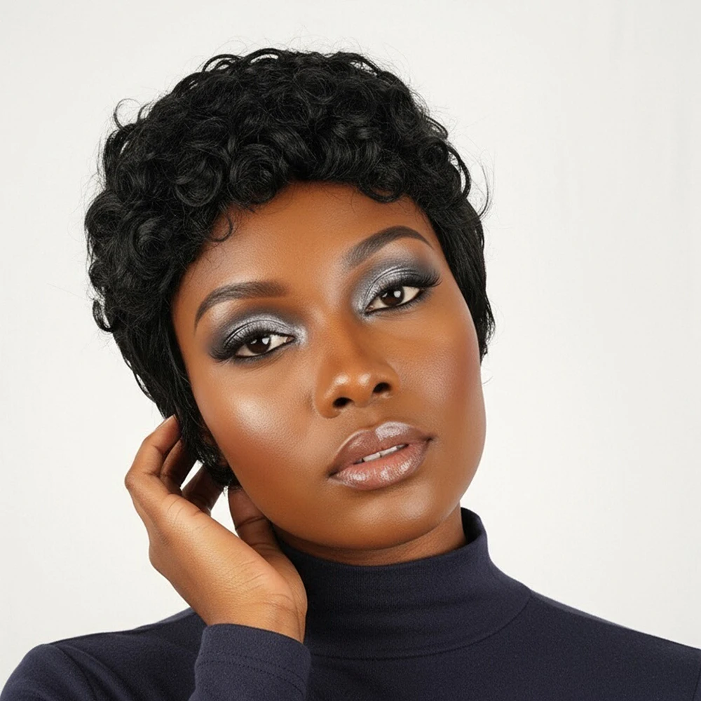 Парик из бразильских человеческих волос Water Wave, короткая вьющаяся стрижка пикси с челкой, предварительно выщипанная для женщин, машинное производство, многослойный боб, естественный вид