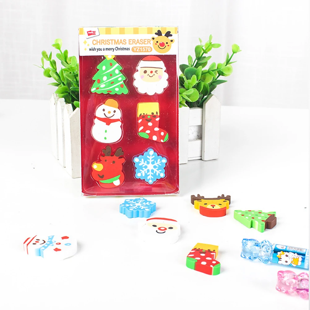 6 個クリスマス形消しゴムノベルティ子供学用品かわいい漫画ギフト学生教室報酬製図文具