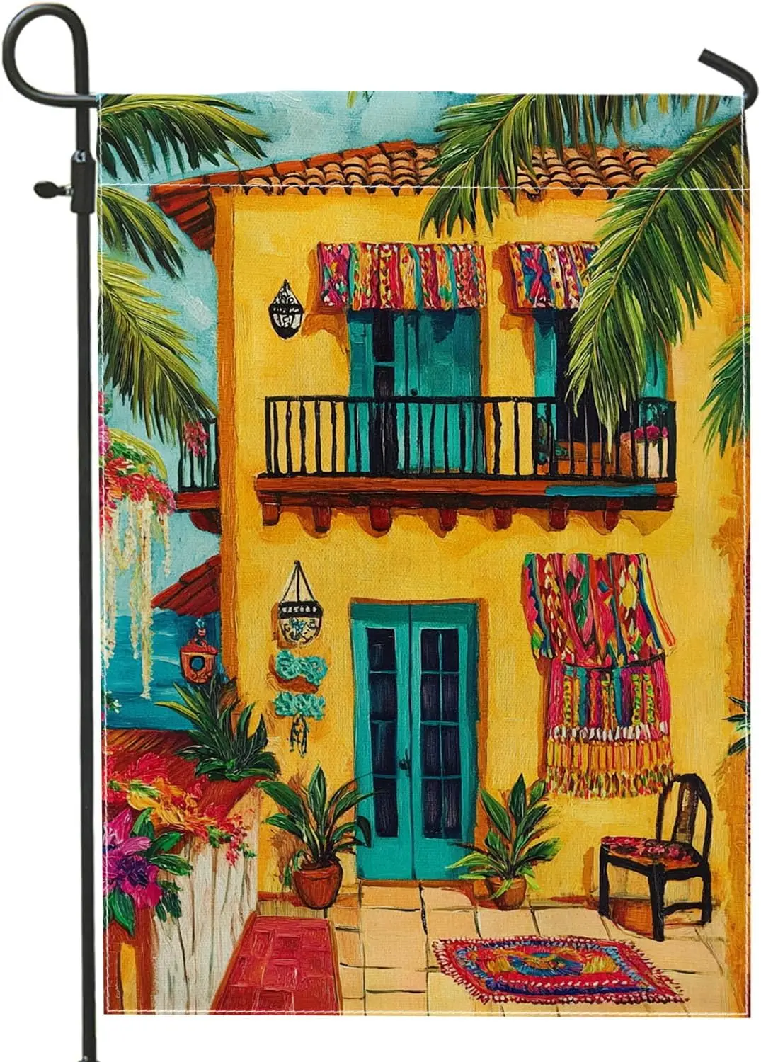 Vibrant Summer Garden Flag, Bright Yellow Mediterranean House with Tropical Plants Yard Banner, Double Sided Decorative Outd yyi