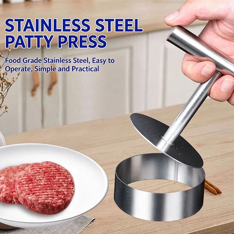 T Handle Stainless Steel Hamburger Patty Maker Press Non-Stick Round Manual Rice Ball Mold Thickness Adjusted Kitchen Beef Tools