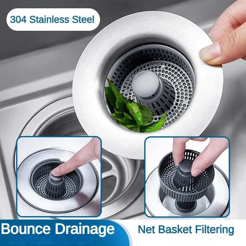 Kitchen Filter Sink 3 In 1 Pop Up ABS Silver Plated Sink Strainer Drain Basket Stopping Blockage Bouncing Core Leak-proof Plug