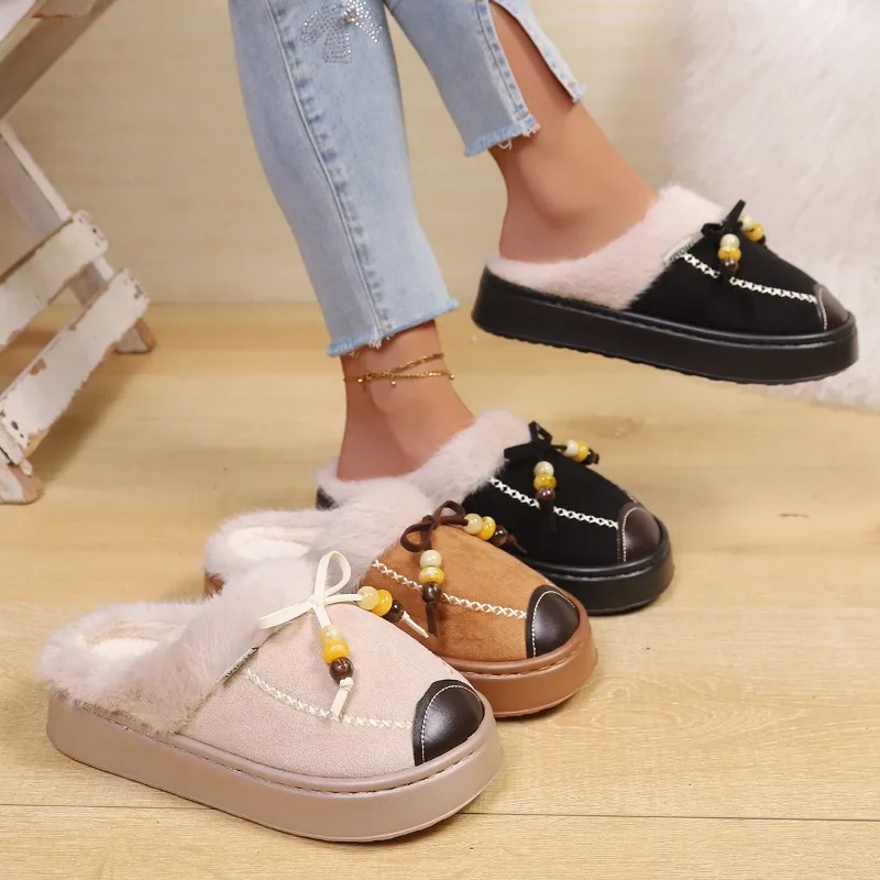 Winter Fluffy Plush Luxury Designer Warm Women's Cotton Slippers 2026 Fashion Bow Decor Casual Thick Soled Comfort Women Shoes