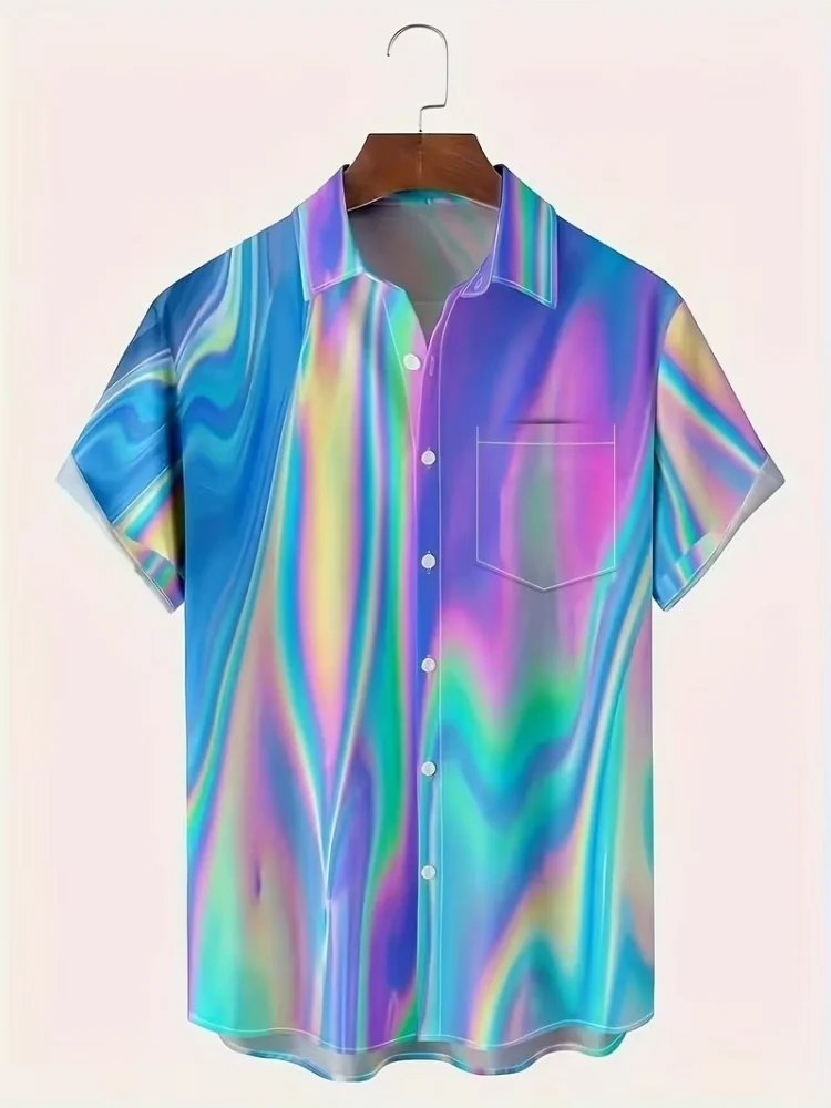Men's short-sleeved shirt with iridescent laser fluid all-over print, summer cyberpunk trendy loose-fitting versatile shirt