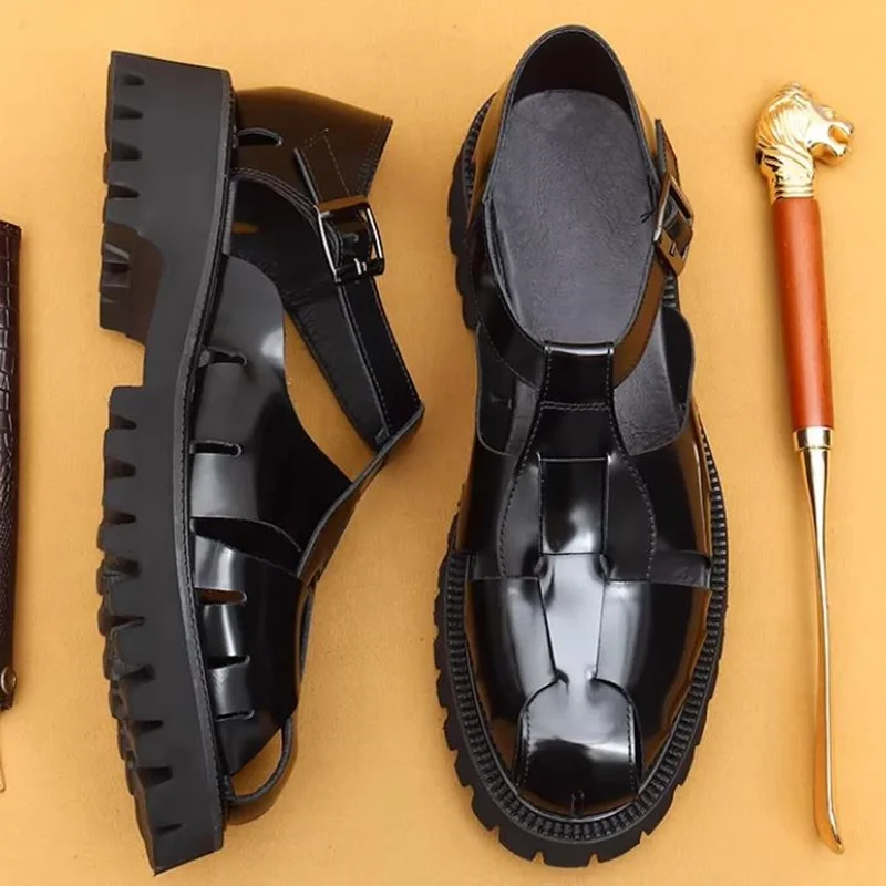 4.5CM Height Platform Mens Genuine Leather Roman Sandals Luxury Handmade New Designer Summer Formal Social Shoes Man