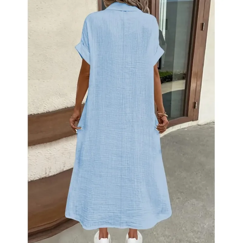 فستان ماكسي صيفي كاجوال بلون سادة بسيط ورقبة على شكل حرف V للنساء بأكمام قصيرة مع جيب فساتين قميص فساتين نسائية