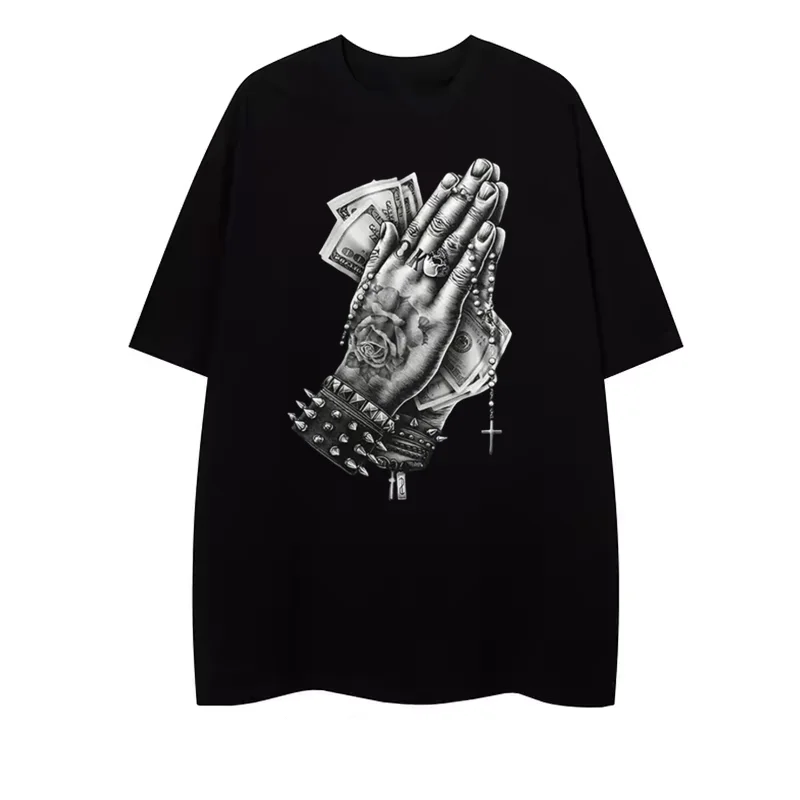 

Men's cotton summer loose print casual slim fit round neck short sleeved T-shirt top