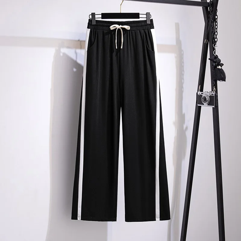 155Kg Plus Size Women\'s Loose Straight Wide Leg Trousers Hip 150 High-Waisted Striped Pants Black 5XL 6XL 7XL 8XL 9XL