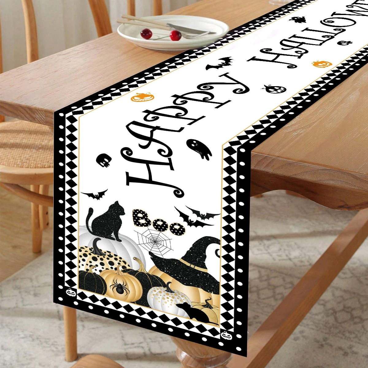 Pumpkin Halloween Table Flag Happy Halloween Party Decorations 2024 For Home Skeleton Demon Cat Ghost Kitchen Dining Table Cover