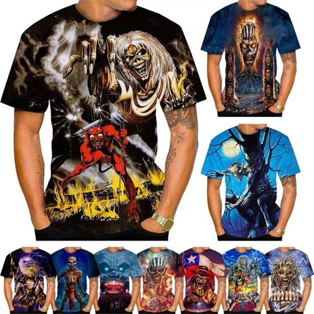 Herren Atmungsaktives Schnelltrocknendes Sport-T-Shirt Horror Skelett Roter Dämon Feuer Punk Rock 3D-Druck Sommer Lässiges Kurzarm-T-Shirt