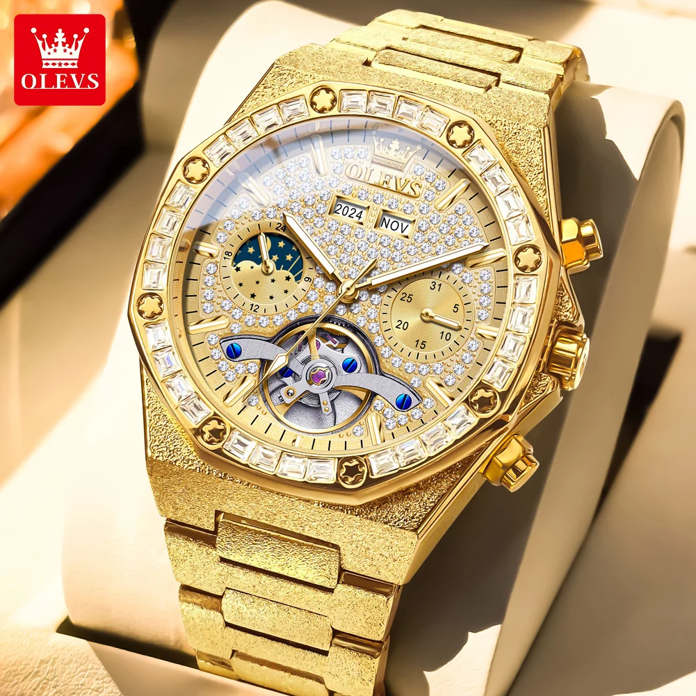 

OLEVS 9805 Original Luxury Mens Watch Flywheel Automatic Mechanical Watch Stainless Steel Diamond Dial Moon Phase Watch For Man