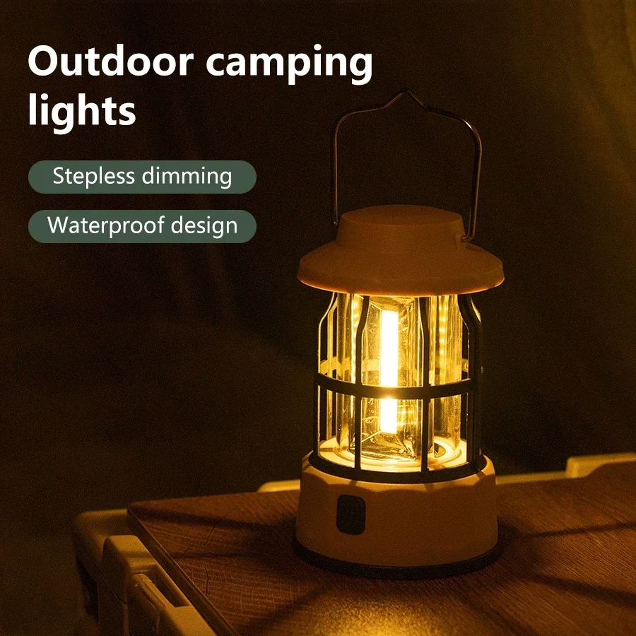 Retro Outdoor Camping Light Rechargeable Emergency Light Stepless Dimming Waterproof Portable Camping Hiking Fishing Light