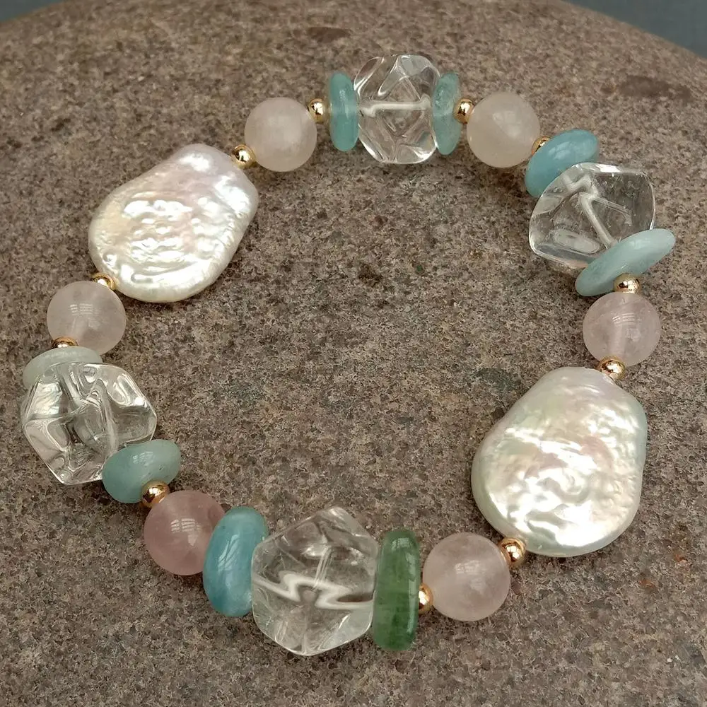 Y·YING Cultured White Keshi Pearl Aquamarine Quartz Chunk Stretch Bracelet
