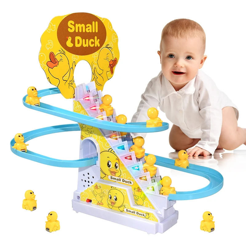 Climbing Stairs Track Toys Electric Duck DIY Rail Racing Track Roller Coaster Toys Set Light Music Educational Toy For Kids Gift