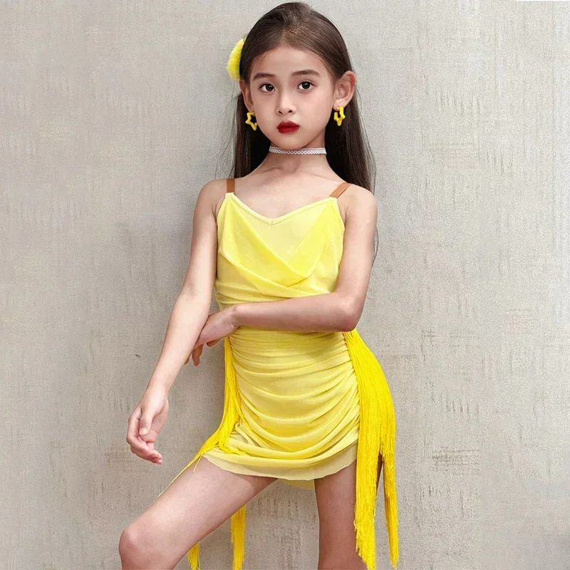 어린이 라틴 댄스 홀터 드레스 소녀 의상 차차 삼바 룸바 대회용 태슬 스커트 키즈 무대 공연 댄스웨어