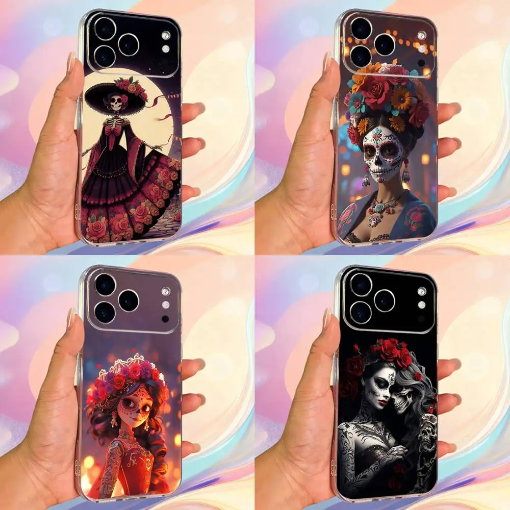 

Mexican Art Skull Girl Phone Case For iPhone 14,13,12,11,17,16,15,Pro,Max,Plus,X,XS,XR,SE,Mini Transparent Soft Cover