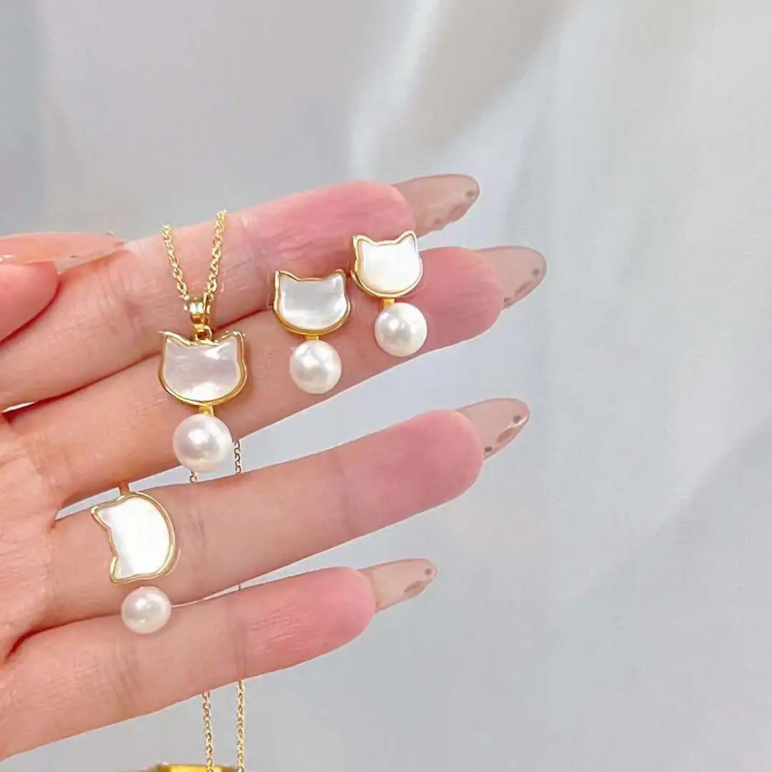 Natural Seawater Shell Inlaid Cat Set 7-9mm Natural High Quality Freshwater Pearl Necklace Ring Earring Set Pearl Jewelry Set