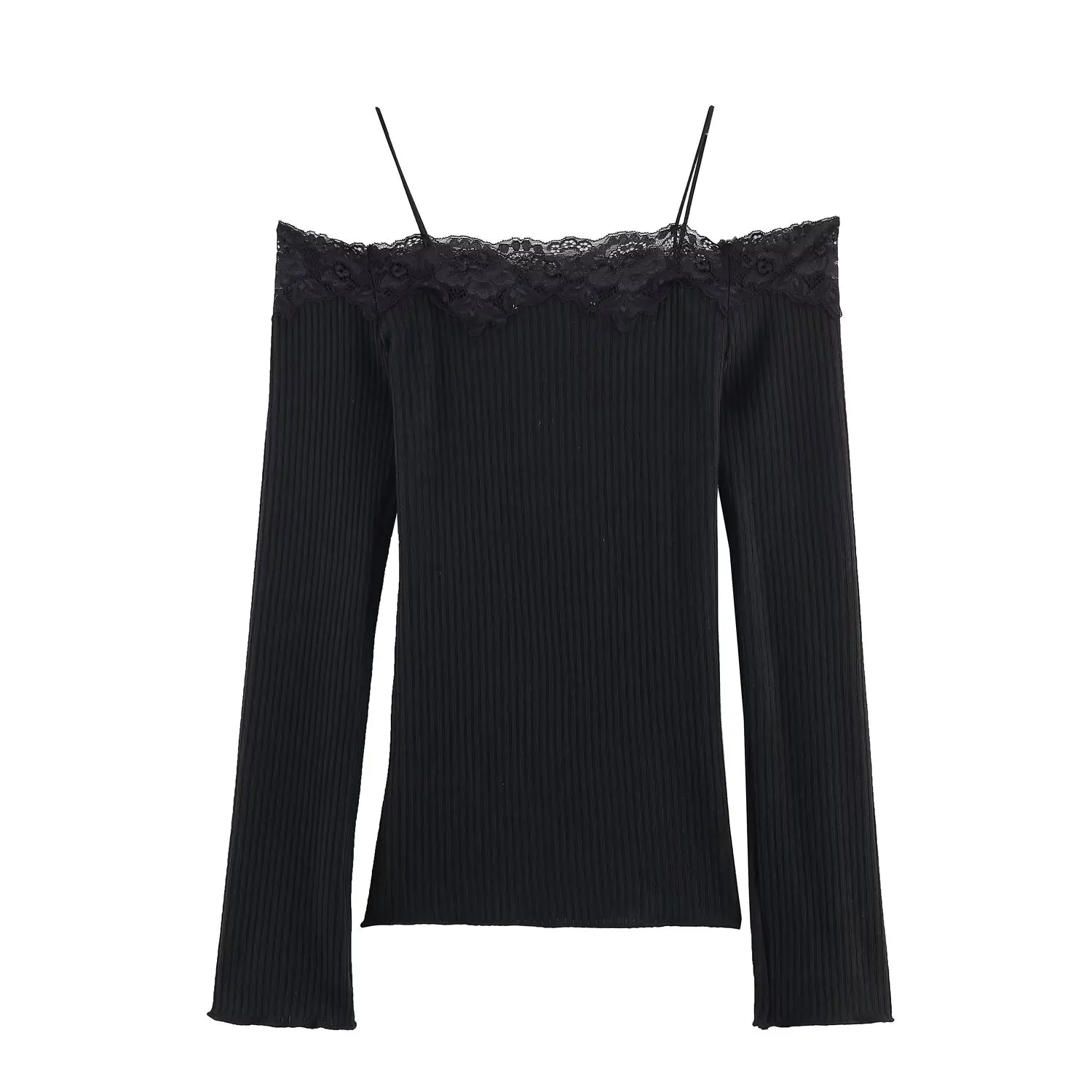 

WOMAN 2026 Summer New Fashionable Off Shoulder Splicing T-shirt Retro One Collar Long Sleeve Hooded Knitted Shirt Unique Mujer