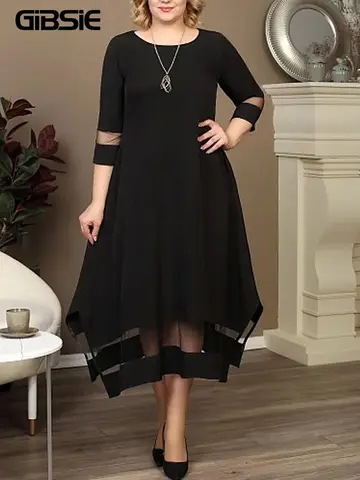 गिब्सी प्लस साइज़ काला कंट्रास्ट मेश स्प्लिसिंग लंबी ड्रेस महिलाओं के लिए ग्रीष्मकालीन ओ-नेक 3/4 स्लीव इलास्टिक बुना हुआ सुरुचिपूर्ण ए-लाइन ड्रेस 8 best sales प्लस साइज़ औपचारिक पोशाक - №7