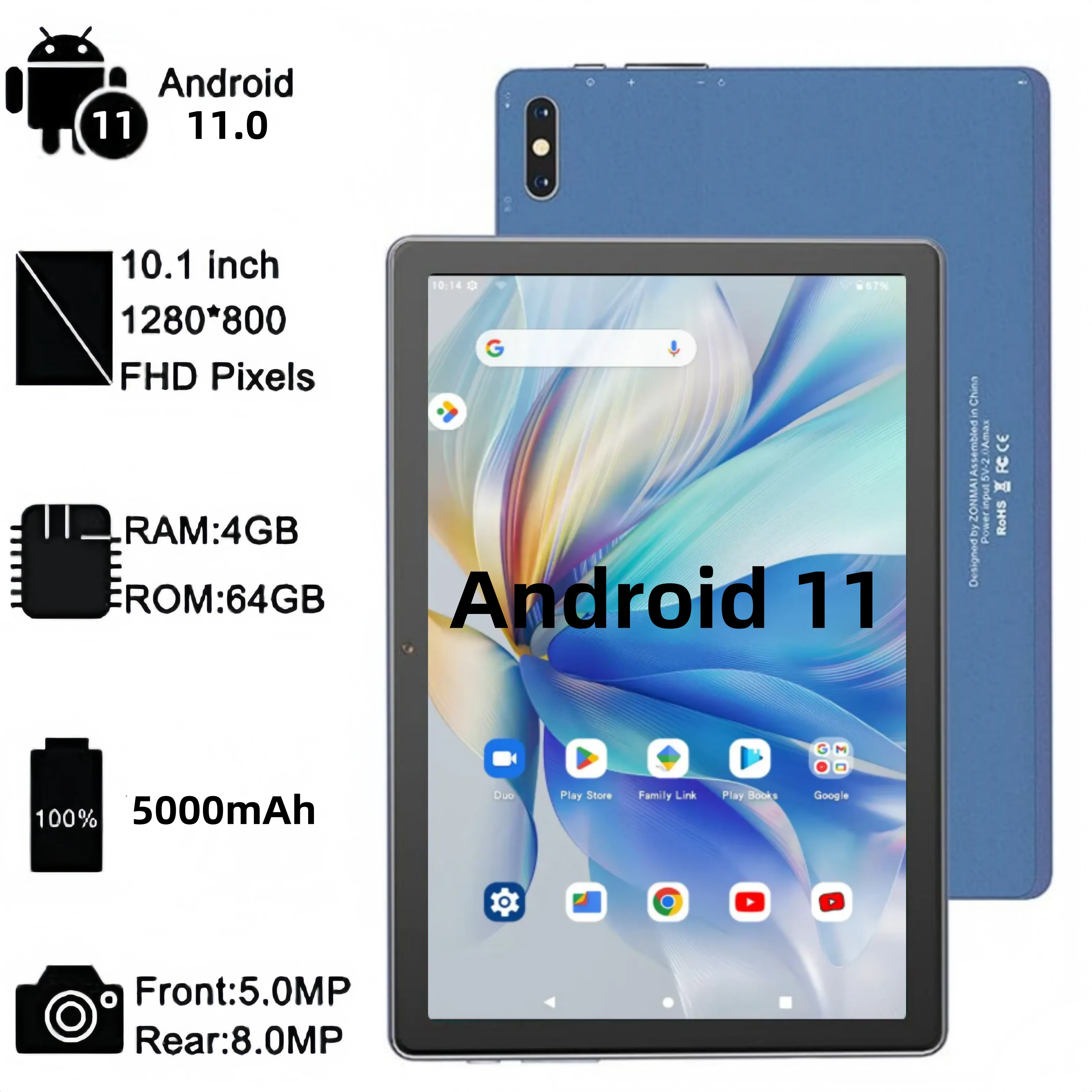 MX2 10.1 Inch Android 11 Tablet 64-bit Allwinner A133 Quad Core 1.6GHz 4GB RAM 64GB ROM 5MP+8MP Camera 5000mAh Type-C