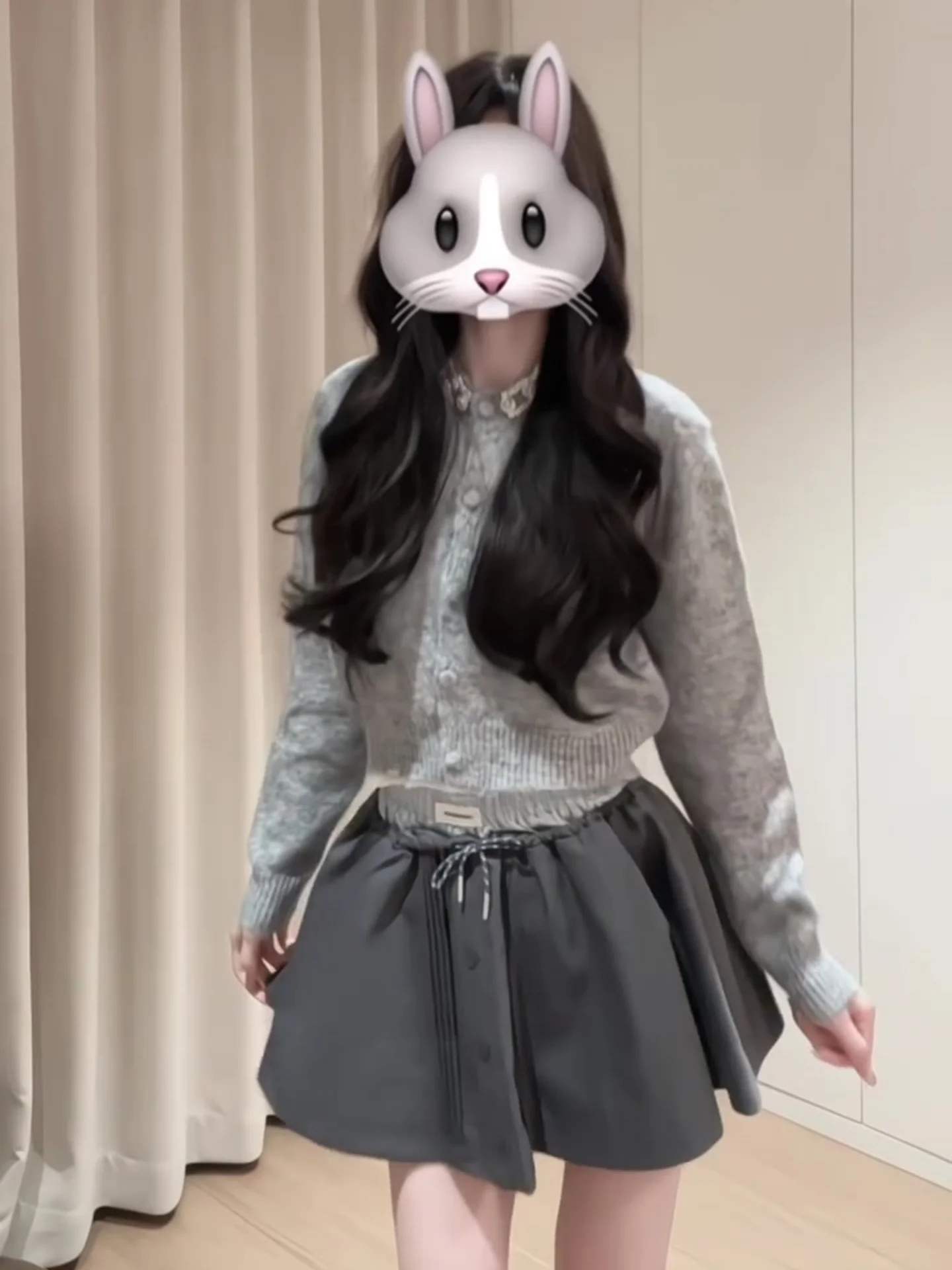 

Korean College Style Women's Early Spring Small Size Knitted Open Cardigan Sweater Coat Puffy Half-length Skirt a Whole Set