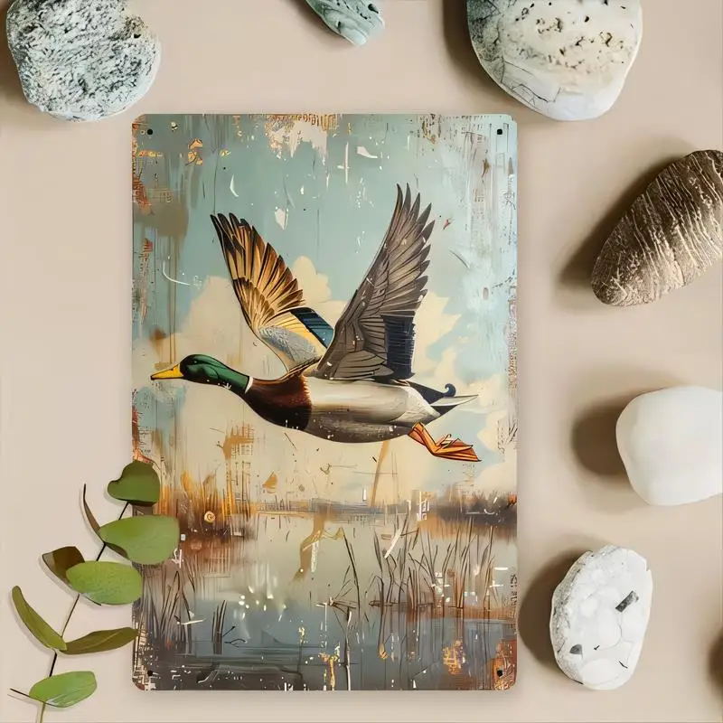 Vintage Distressed Mallard Duck Flight Metal Tin Sign - 2D Retro Iron Wall Decor (Teal/Gold/Green, Sky/Reeds), for Cabin/Lake Ho